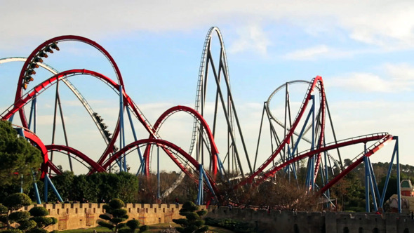 Huge Roller Coasters at an Amusement Park 04 Stock Footage